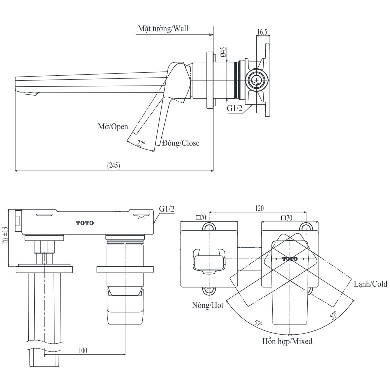 Vòi lavabo nóng lạnh gắn tường GB TOTO TLG10308BB (TLG10308B)