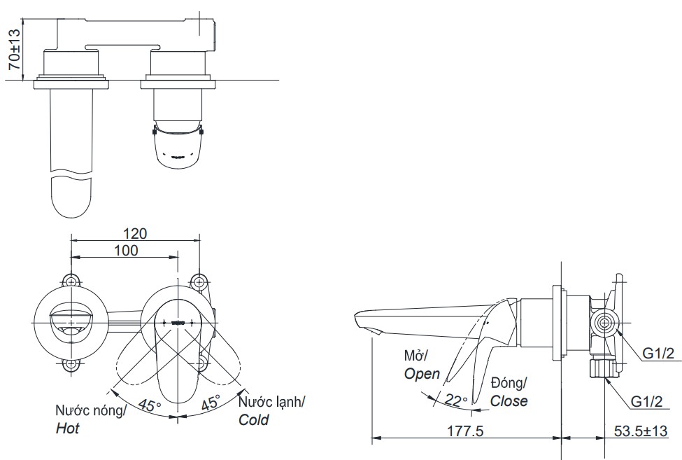 Vòi lavabo nóng lạnh gắn tường LC TOTO TLS03307B