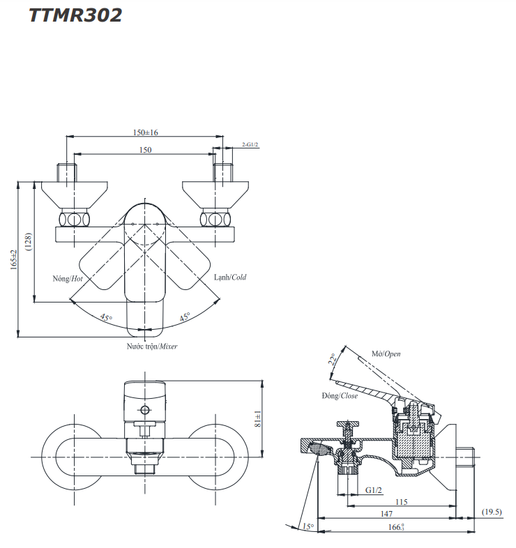 Bộ sen tắm nóng lạnh TOTO TTMR302V TBW02006V (3 chế độ)