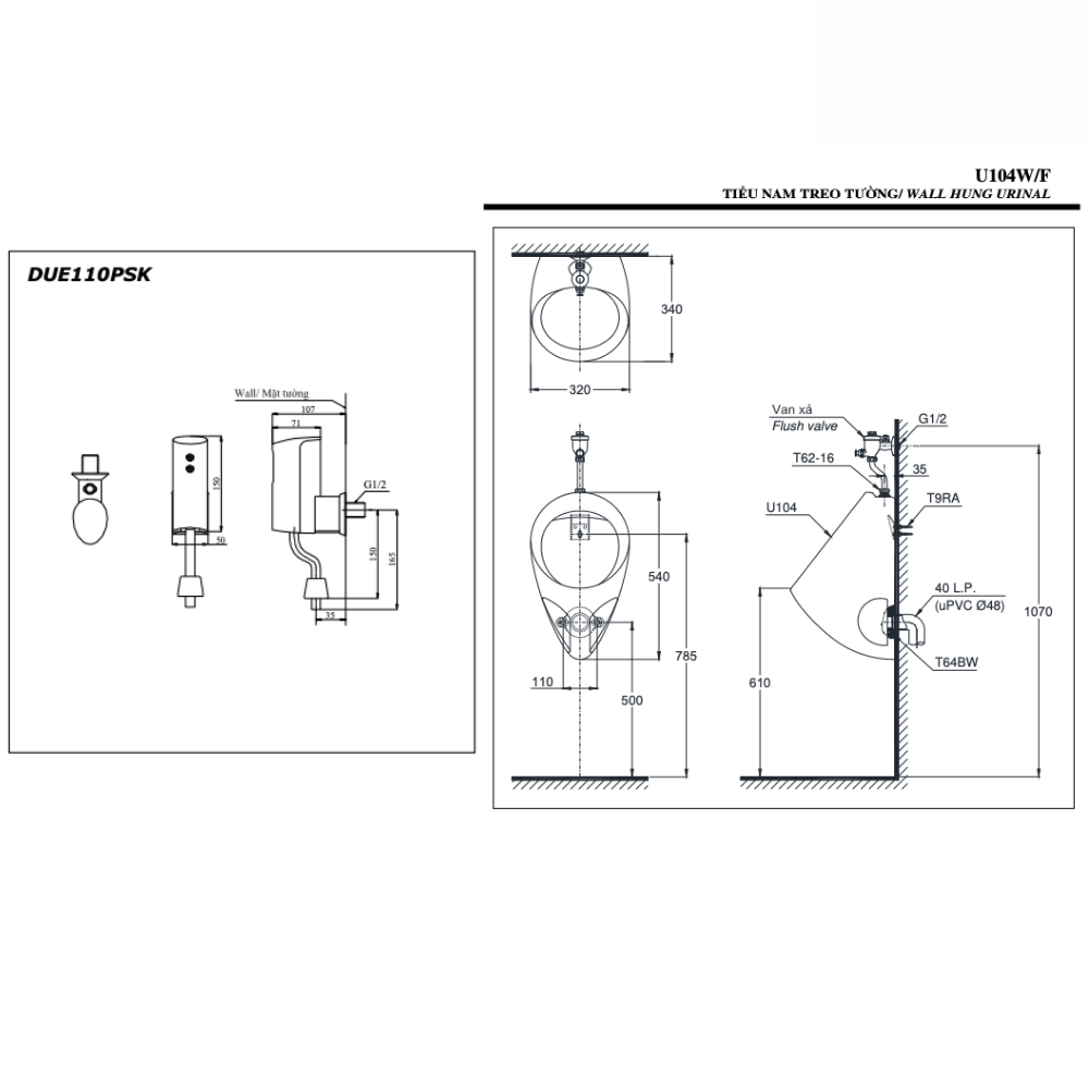 Bồn tiểu nam TOTO U104W/F DUE110PSK treo tường kèm van cảm ứng