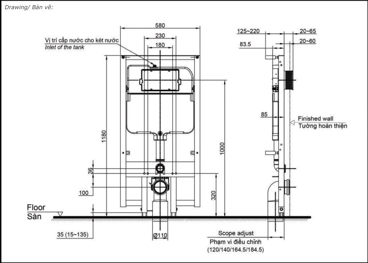 Két nước và khung âm tường TOTO WH172A 4.5/3L