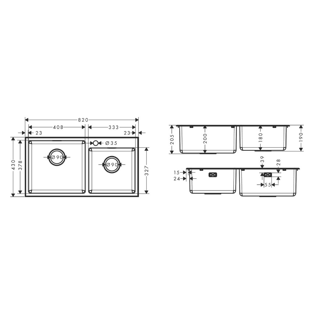 Chậu rửa chén Hansgrohe 43355807 2 hố thép không gỉ S43 - 2