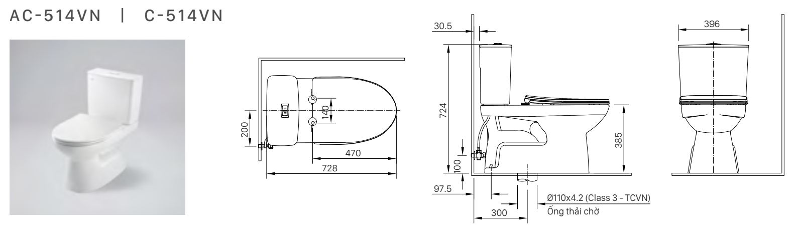 Bồn cầu 2 khối nắp rửa cơ INAX C-514A + CW-S15VN