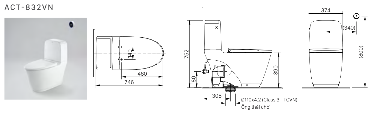 Bồn cầu 2 khối xả cảm ứng nắp rửa cơ INAX ACT-832 + CW-S32VN