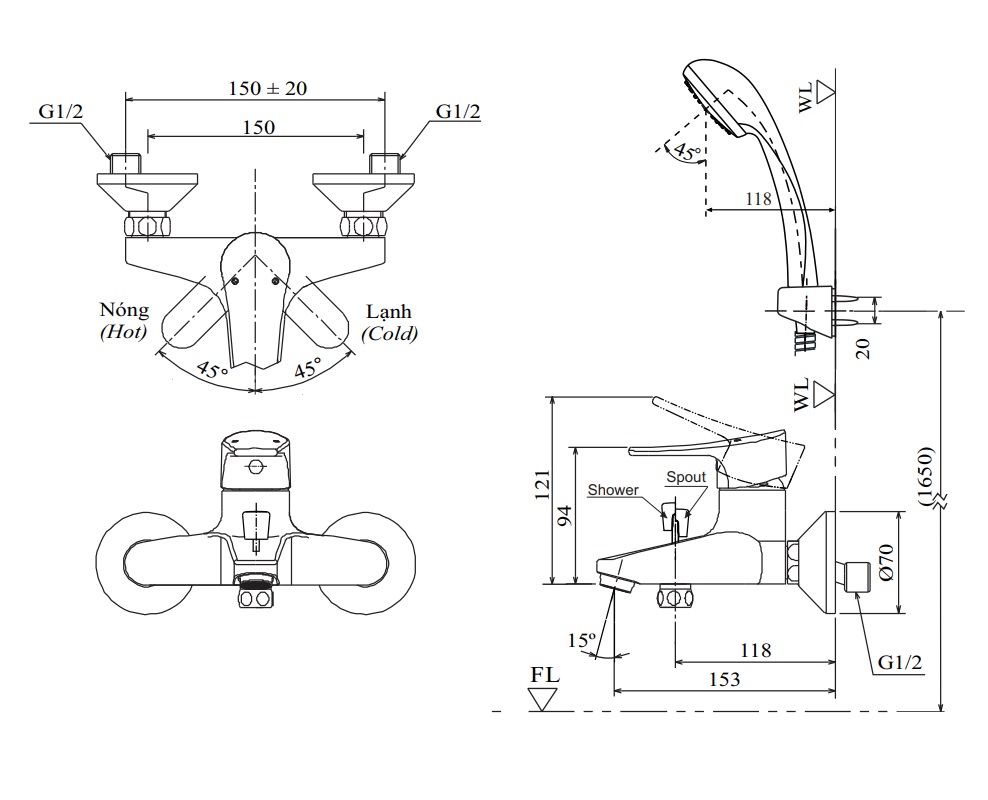 Bộ vòi sen tắm nóng lạnh INAX BFV-1003S-2C (BFV1003S2C)