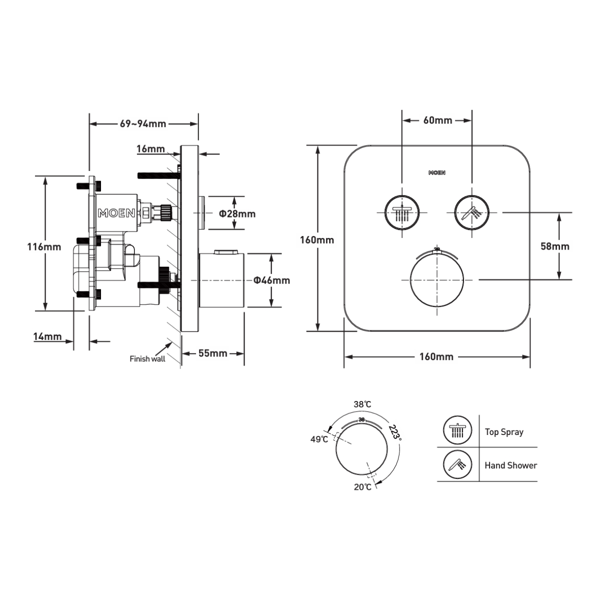 Mặt nạ âm tường điều khiển 2 chức năng MOEN UHT73342FBL