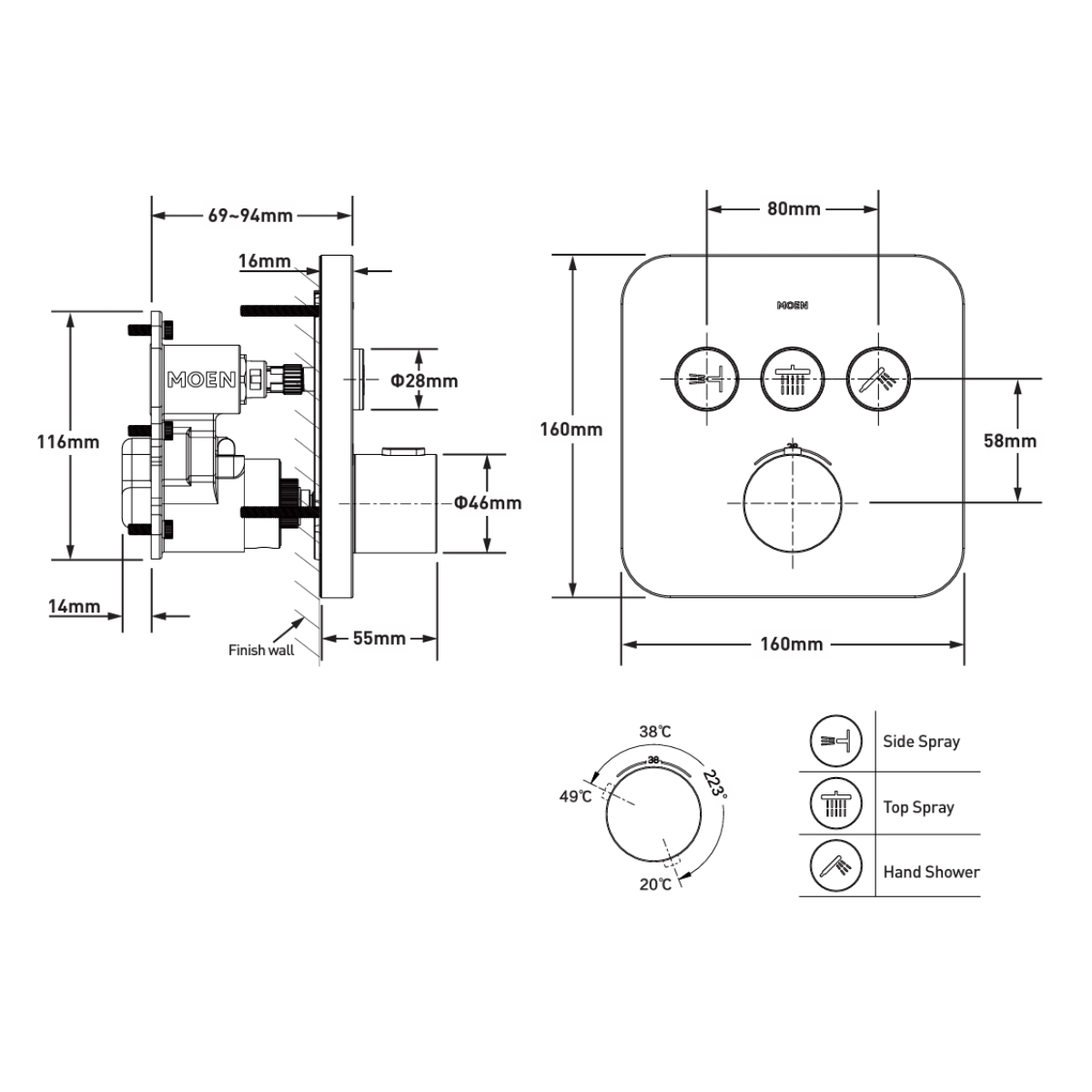 Mặt nạ âm tường 3 chức năng xả cao cấp MOEN UHT73343FBL