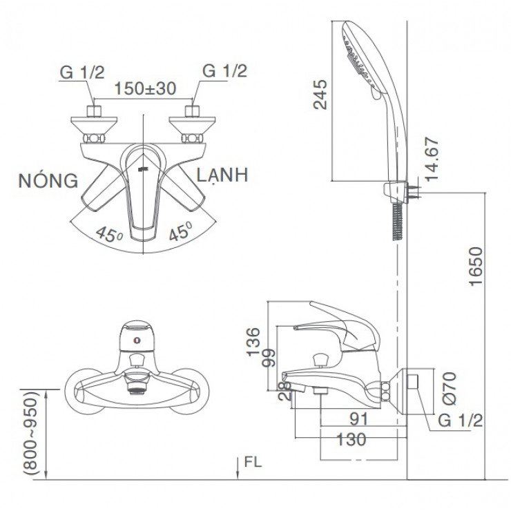 Bộ vòi sen tắm nóng lạnh INAX BFV-3003-1C (BFV30031C)