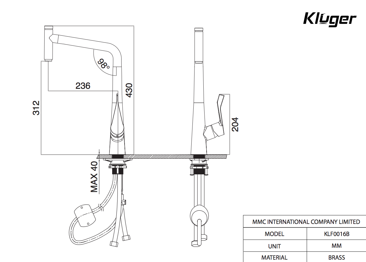Vòi chậu bếp nóng lạnh dây rút GRACE Kluger KLF0016B (KLF0016C) - 12