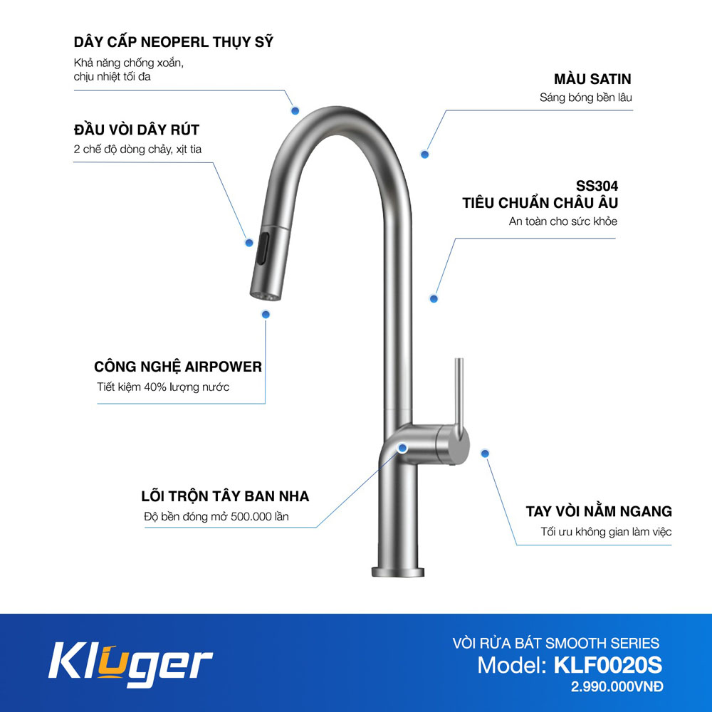 Vòi chậu bếp nóng lạnh dây rút SMOOTH KLUGER KLF0020S - 3