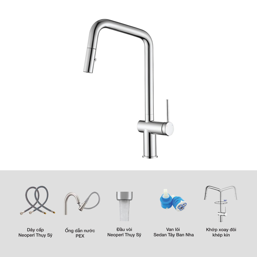 Vòi chậu bếp nóng lạnh dây rút STRONG KLUGER KLF0019C - 3
