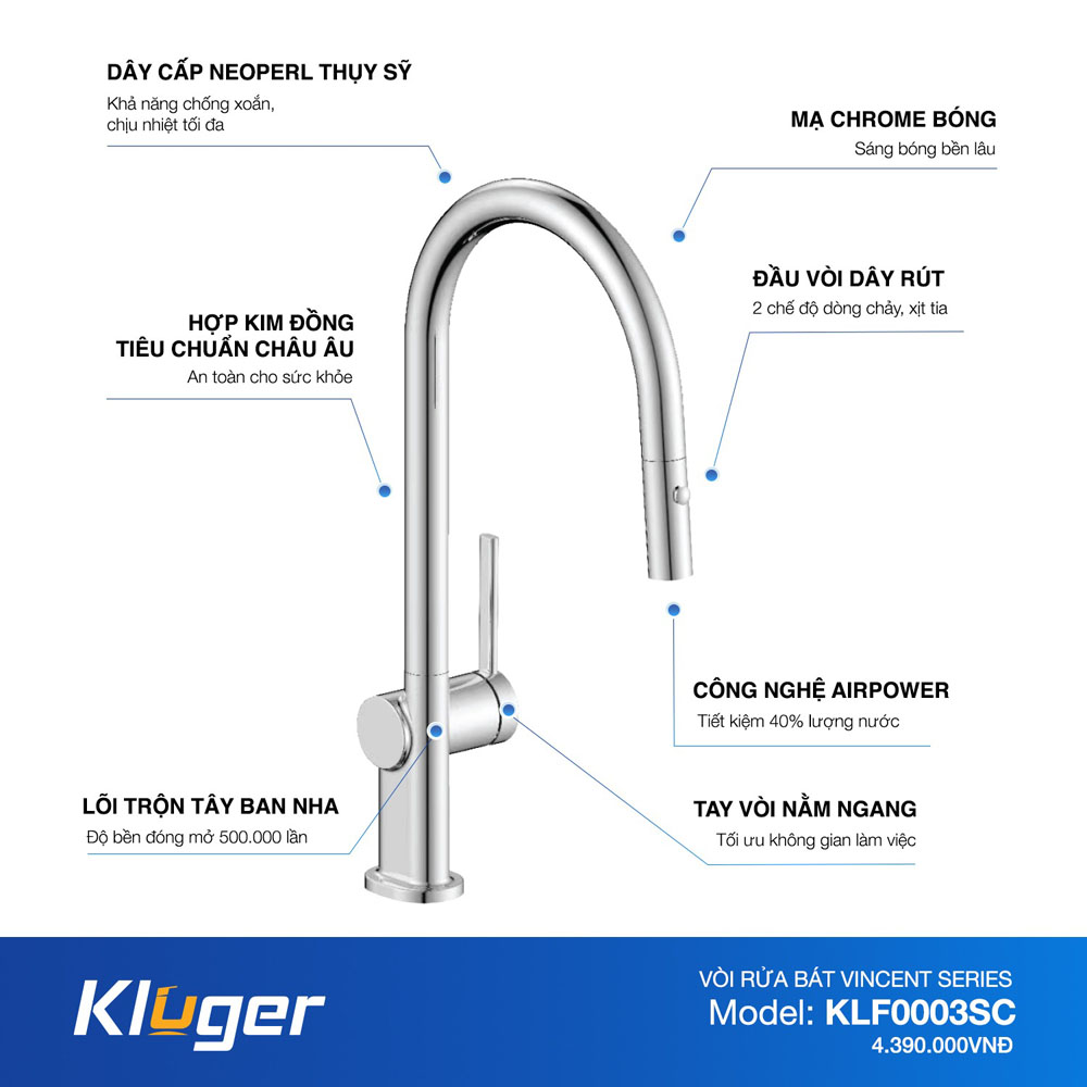 Vòi chậu bếp nóng lạnh dây rút VINCENT KLUGER KLF0003SC - 3