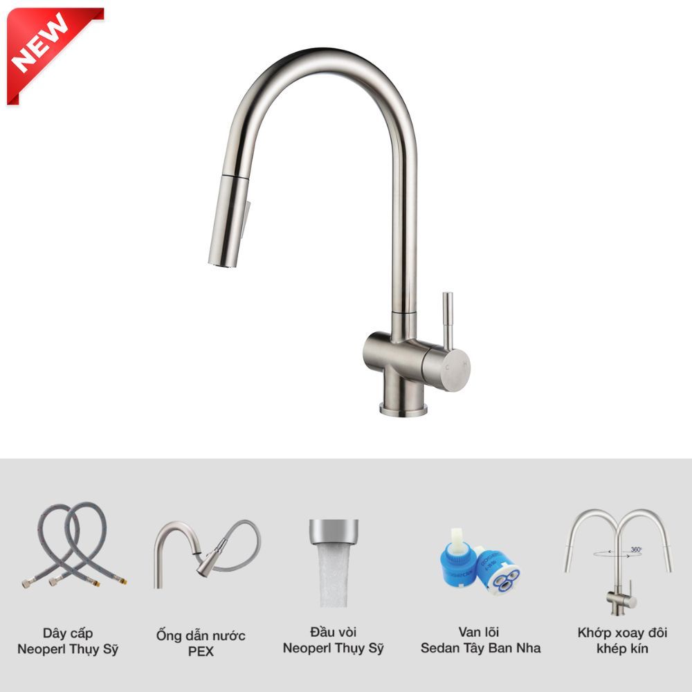 Vòi chậu bếp nóng lạnh dây rút RENE KLUGER KLF0008SS / KLF0008SC / KLF0008SB - 6