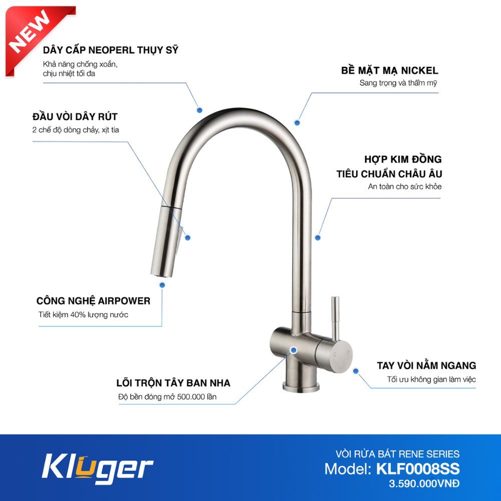 Vòi chậu bếp nóng lạnh dây rút RENE KLUGER KLF0008SS / KLF0008SC / KLF0008SB - 7