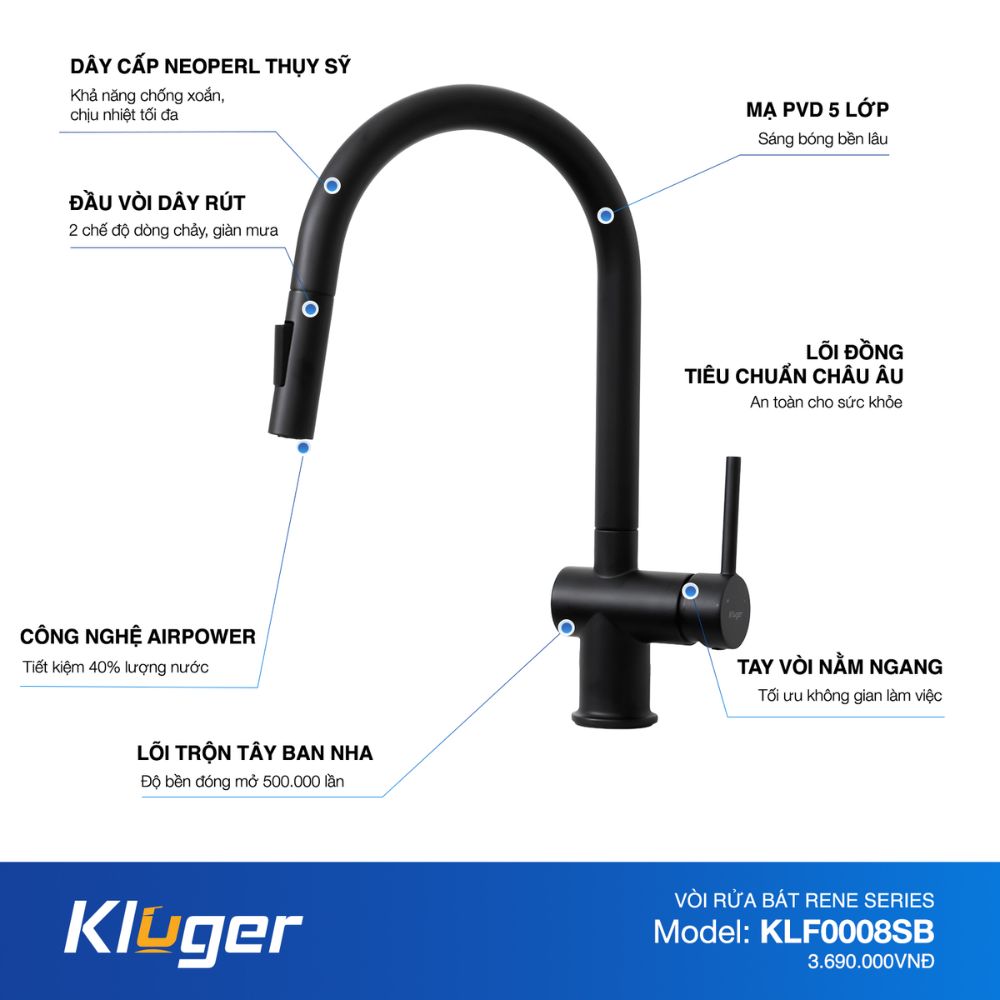 Vòi chậu bếp nóng lạnh dây rút RENE KLUGER KLF0008SS / KLF0008SC / KLF0008SB - 18