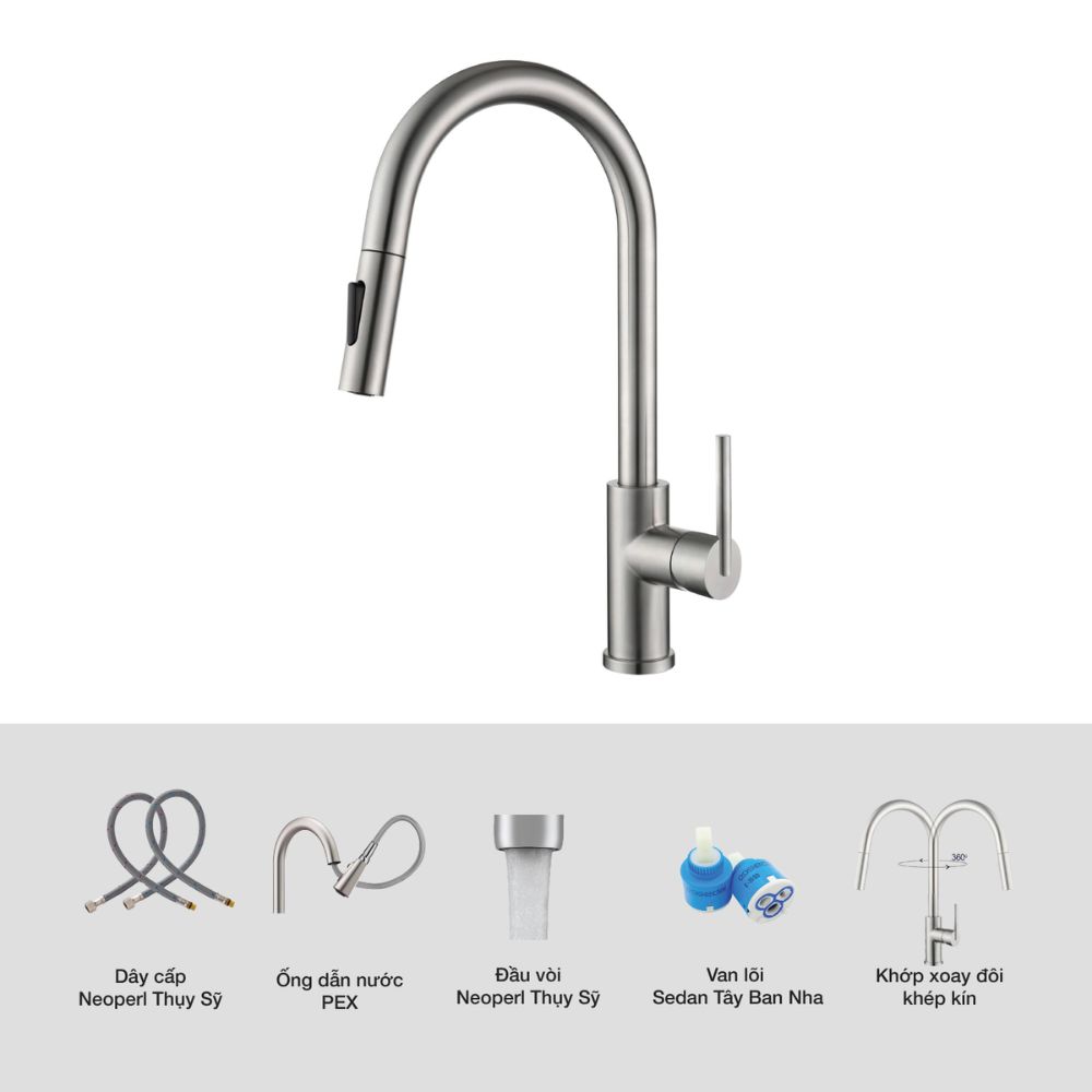 Vòi chậu bếp nóng lạnh dây rút NOVA KLUGER KLF0030S - 11