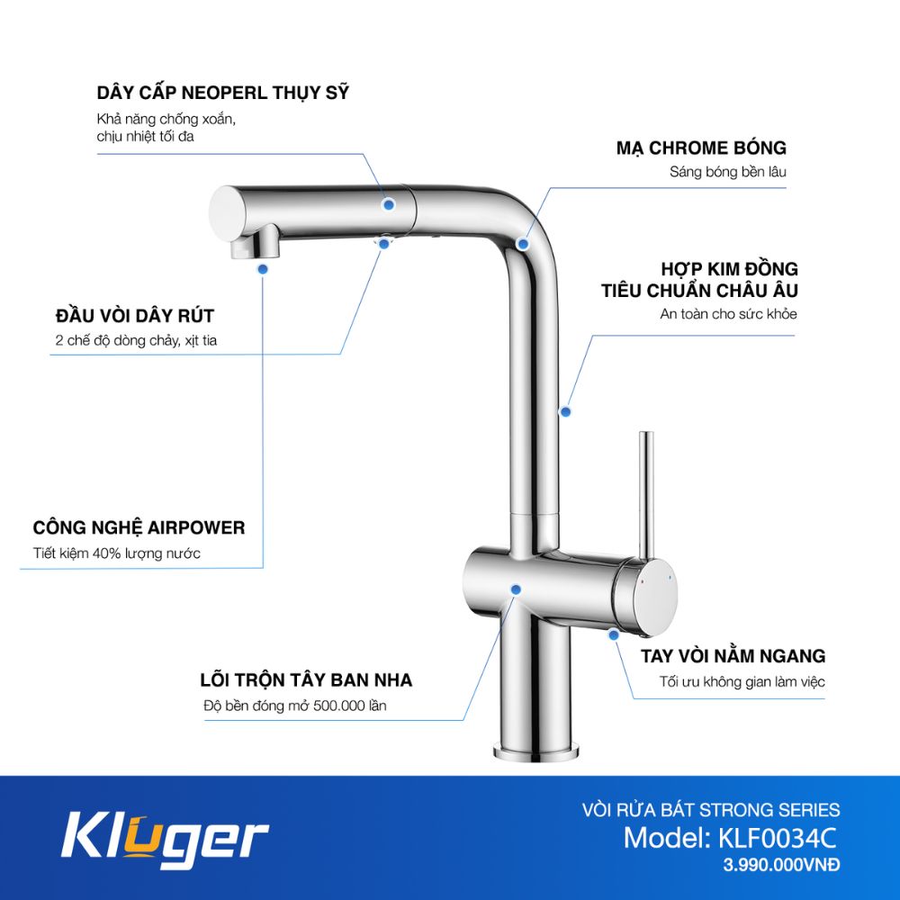 Vòi chậu bếp nóng lạnh dây rút STRONG KLUGER KLF0034C - 4