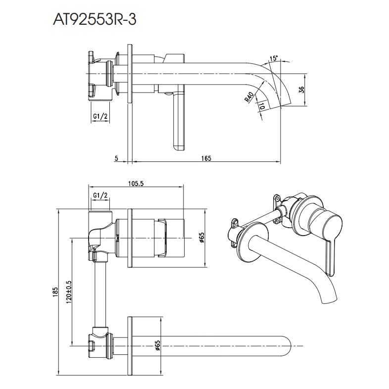Vòi chậu nóng lạnh gắn tường ATMOR AT92553R-3 (AT92553R3) - 2