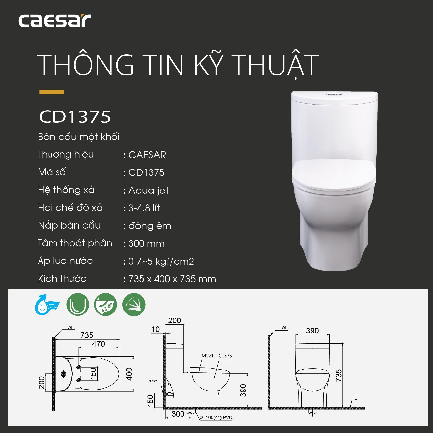 Bồn cầu 1 khối Caesar C1375 (CD1375) nắp đóng êm - 16