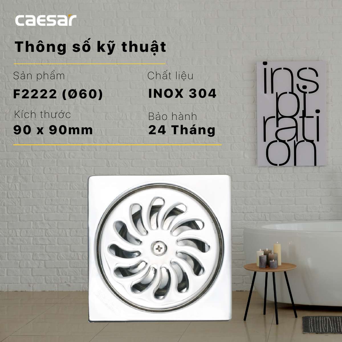Phễu thoát sàn inox 304 9x9cm φ60 Caesar F2222 - 11