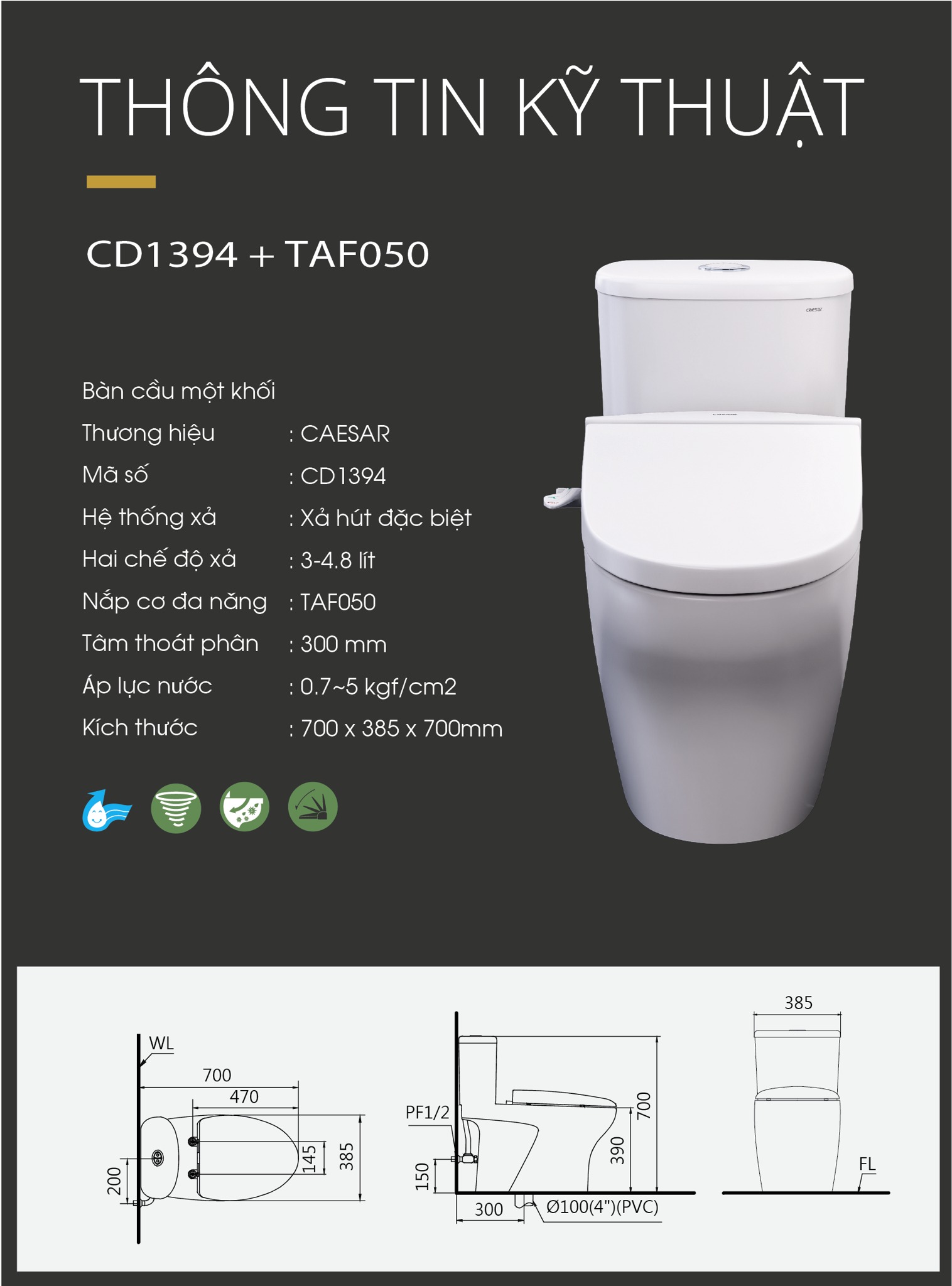 Bồn cầu 1 khối nắp rửa cơ Caesar CD1394+TAF050 - 8