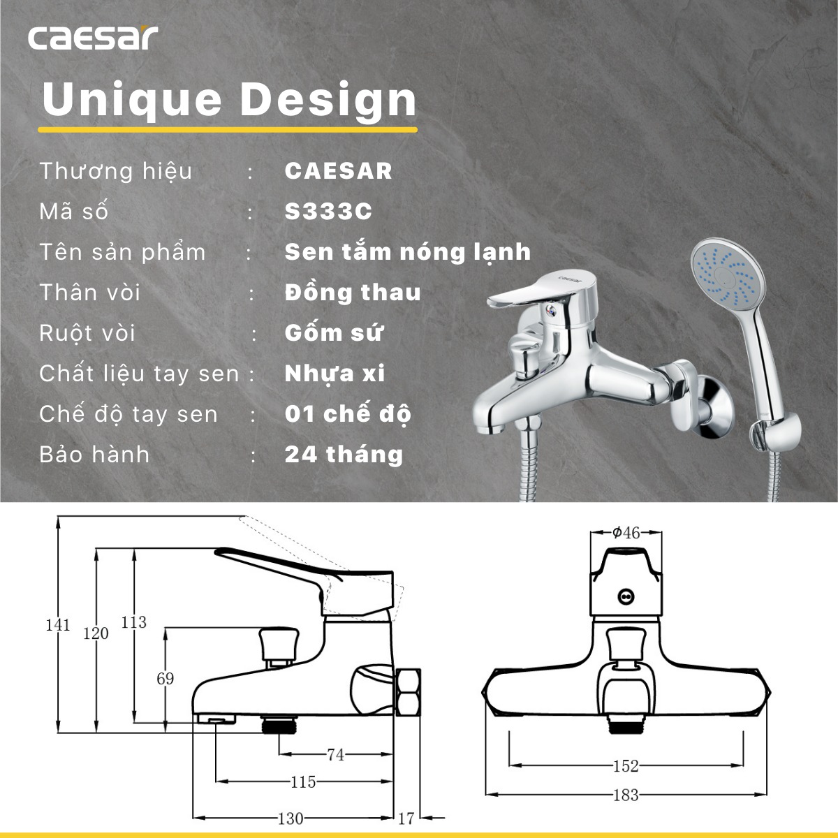 Bộ vòi sen tắm nóng lạnh Caesar S333C - 18
