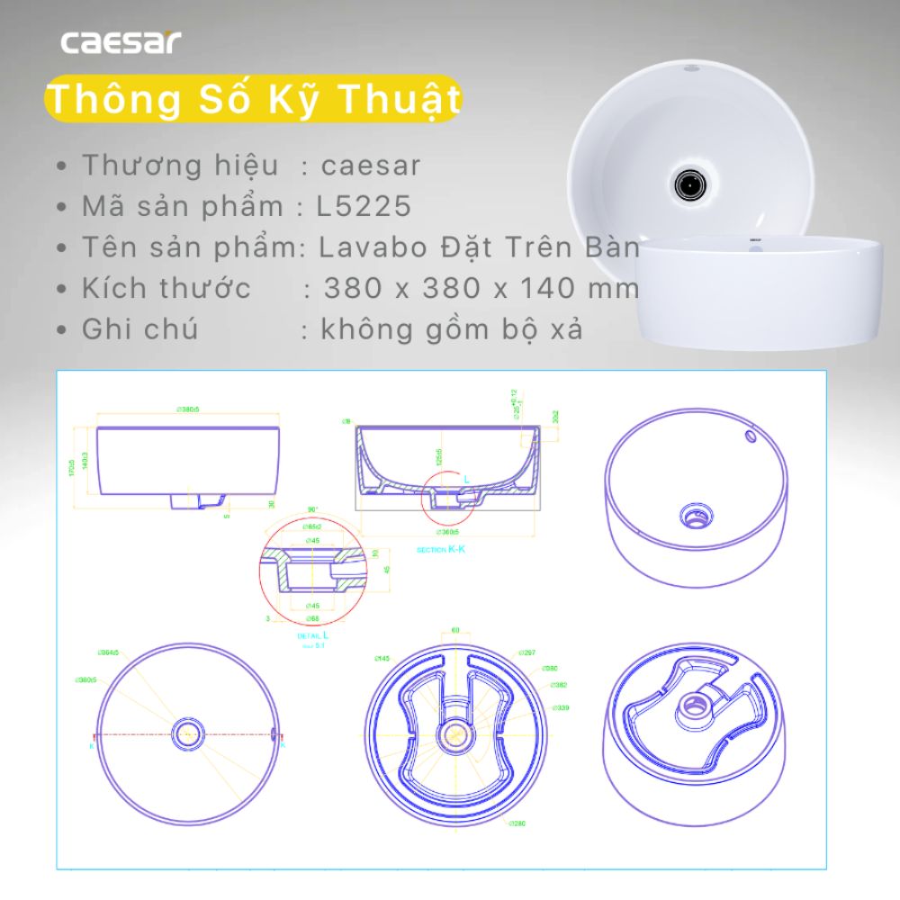 Chậu lavabo đặt bàn Caesar L5225 - 13