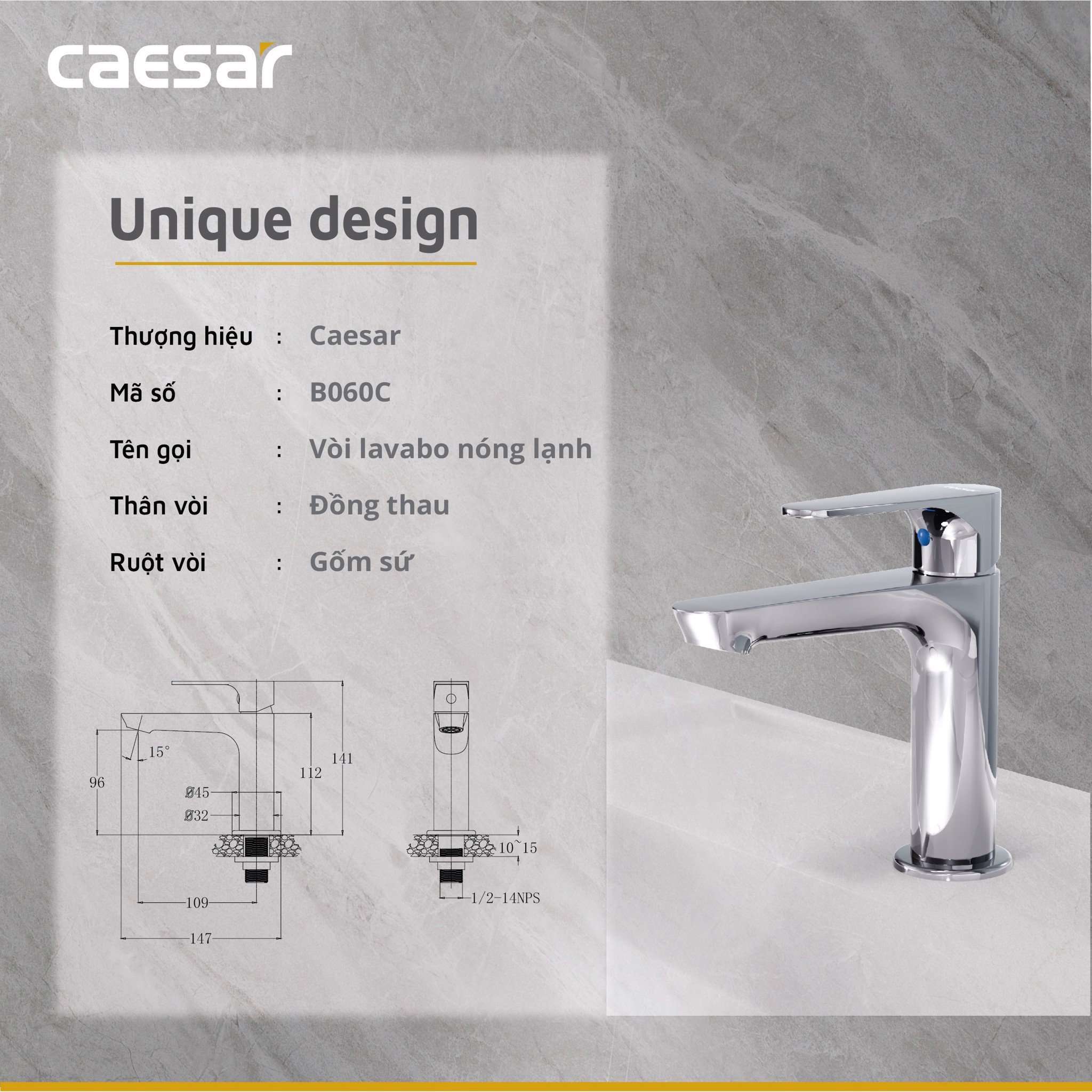 Vòi chậu lavabo lạnh Caesar B060C - 17