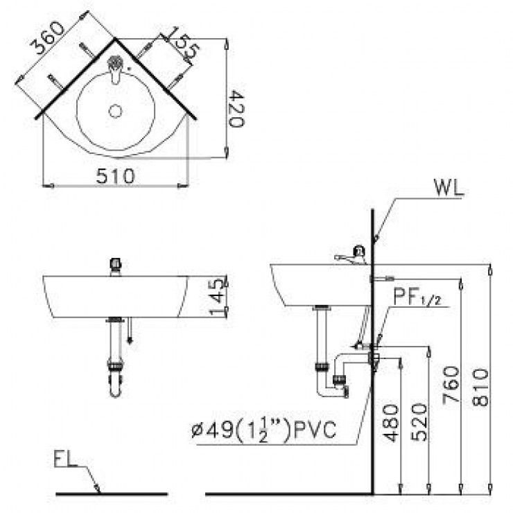 Chậu rửa lavabo treo tường đặt góc Caesar L2014
