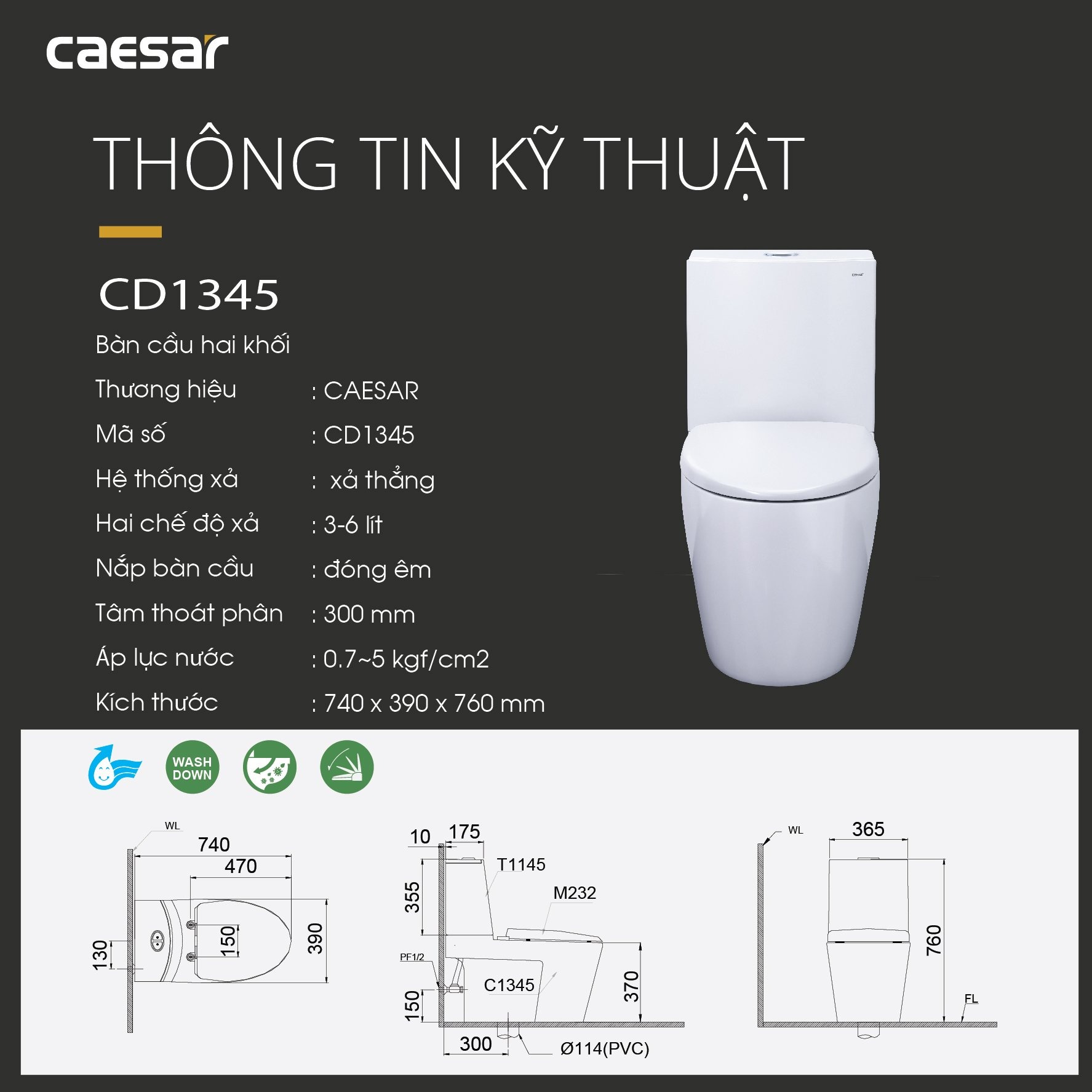 Bồn cầu 2 khối Caesar CD1345 nắp êm - 10