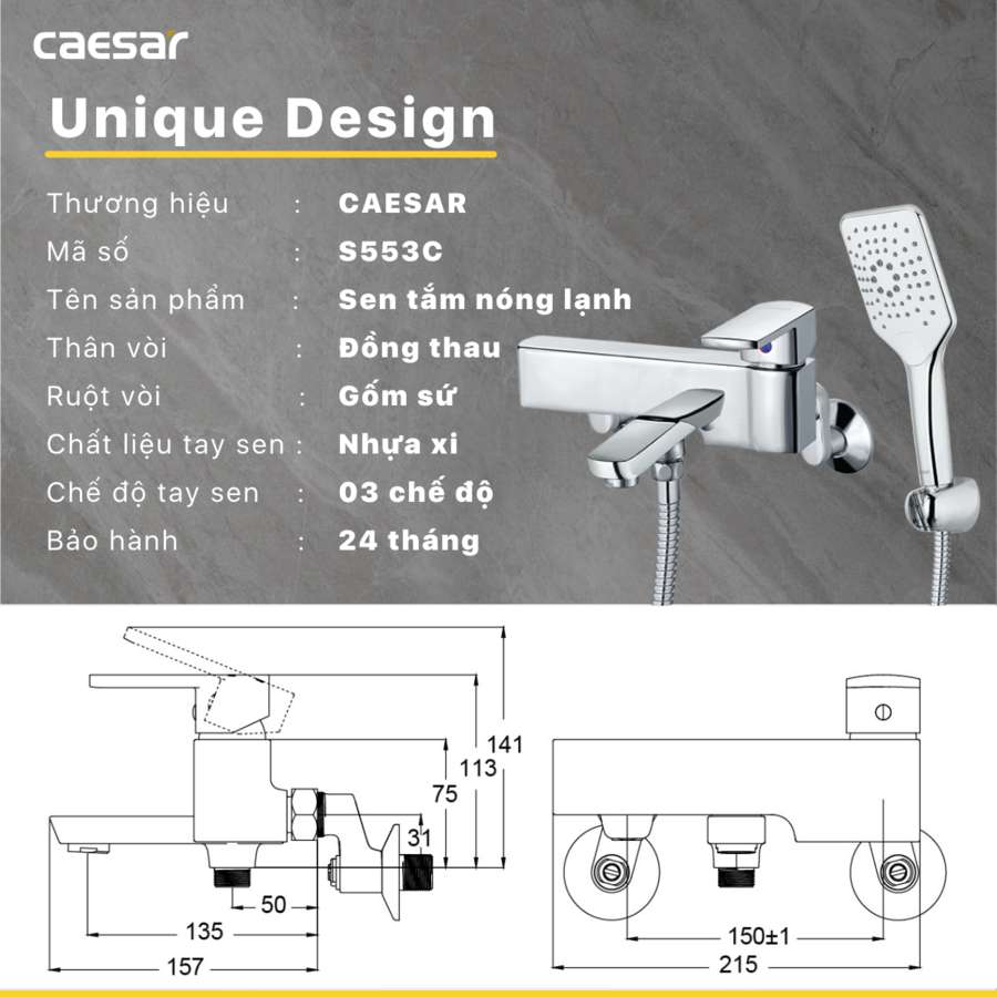 Bộ vòi sen tắm nóng lạnh Caesar S553C - 17