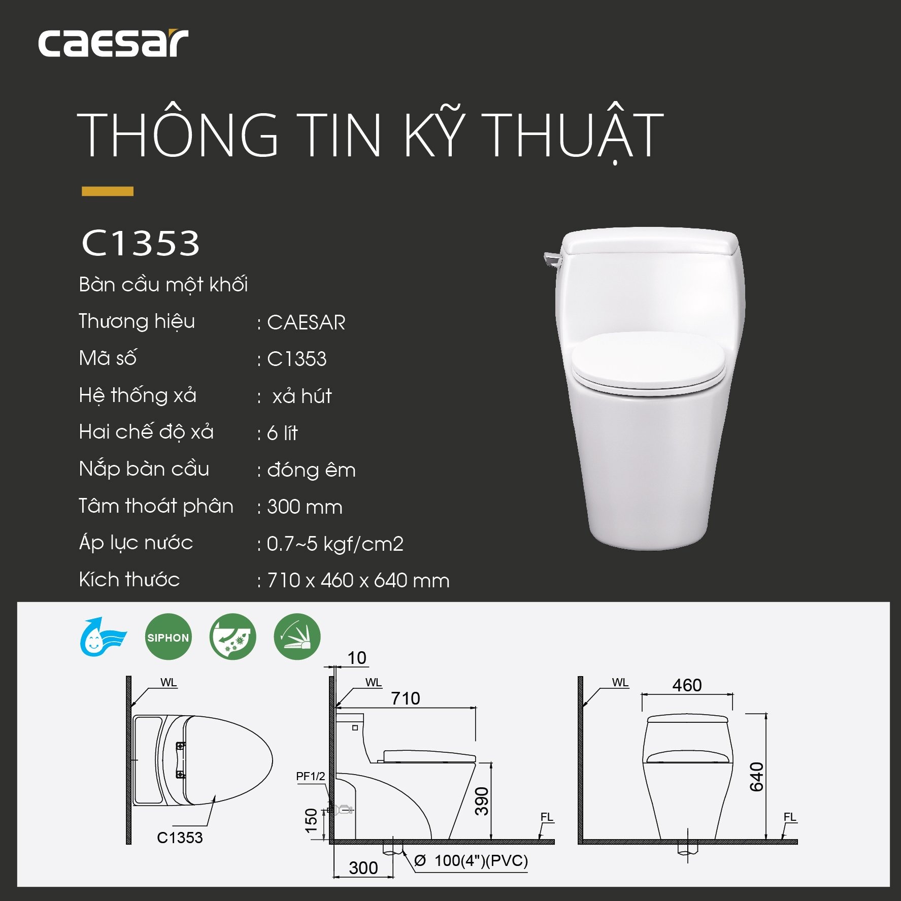 Bồn cầu 1 khối Caesar C1353 nắp êm - 20