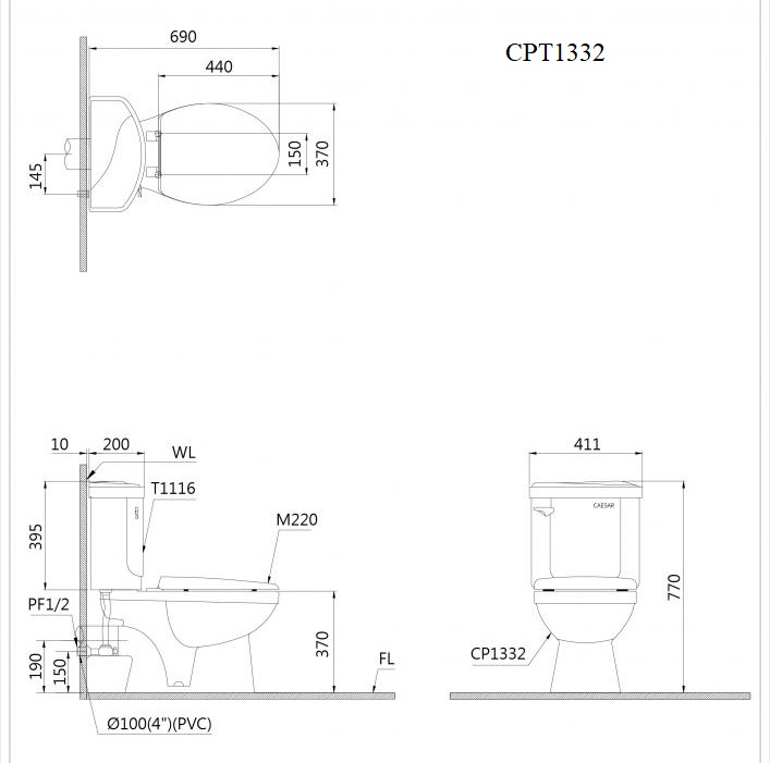 Bồn cầu 2 khối Caesar CPT1332 nắp thường - 14