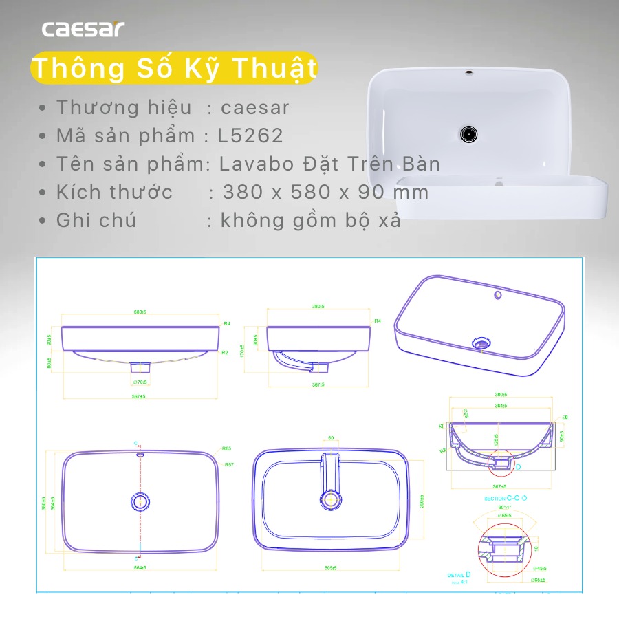 Chậu rửa lavabo đặt bàn Caesar L5262 - 19