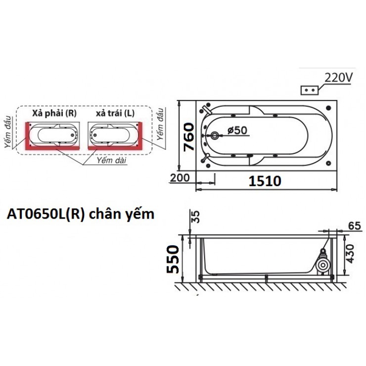 Bồn tắm chân yếm 1m5 Caesar AT0650L(R) (bỏ mẫu)
