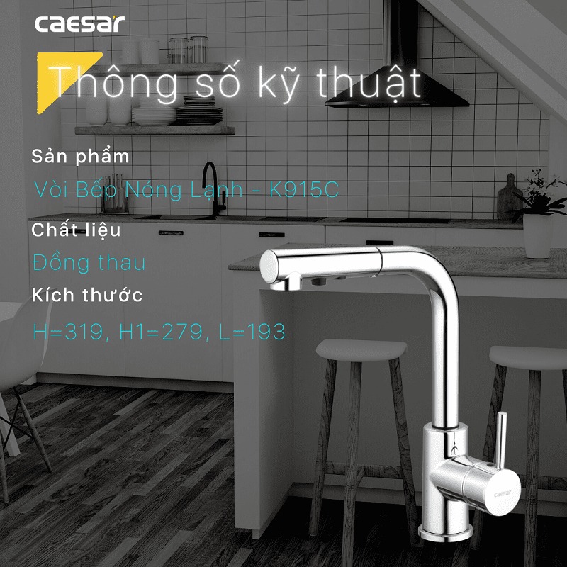Vòi bếp dây rút nóng lạnh Caesar K915C - 30