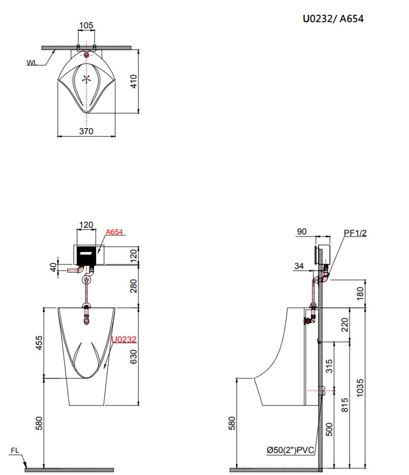 Bồn tiểu nam treo tường thoát ngang Caesar U0232 - 14