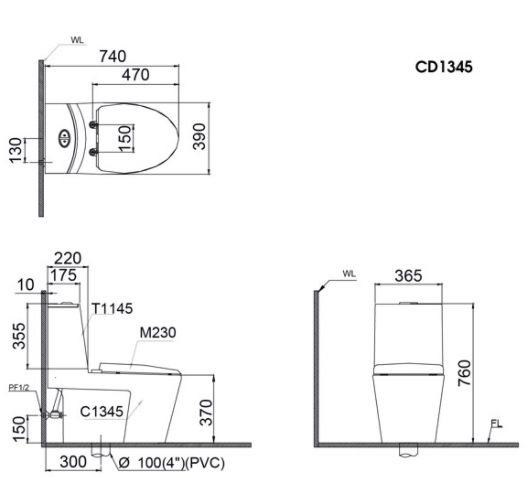 Bồn cầu 2 khối nắp điện tử Caesar CD1345+TAF400H - 8
