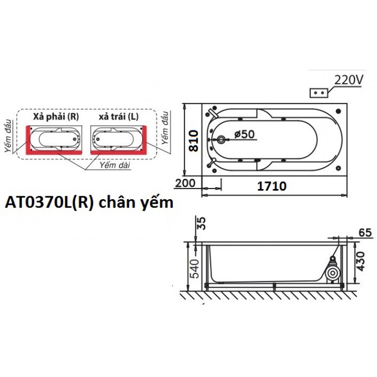 Bồn tắm chân yếm 1m7 Caesar AT0370L(R)