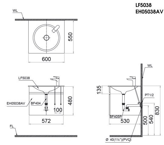 Chậu lavabo dương vành Caesar LF5038