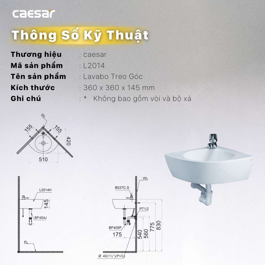 Chậu rửa lavabo treo tường đặt góc Caesar L2014 - 11