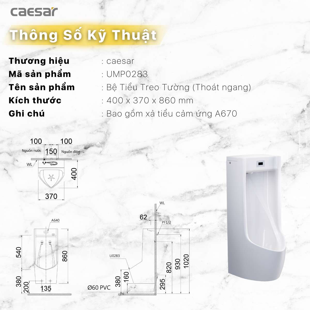 Bồn tiểu nam treo tường cảm ứng thoát ngang Caesar UMP0283 - 15