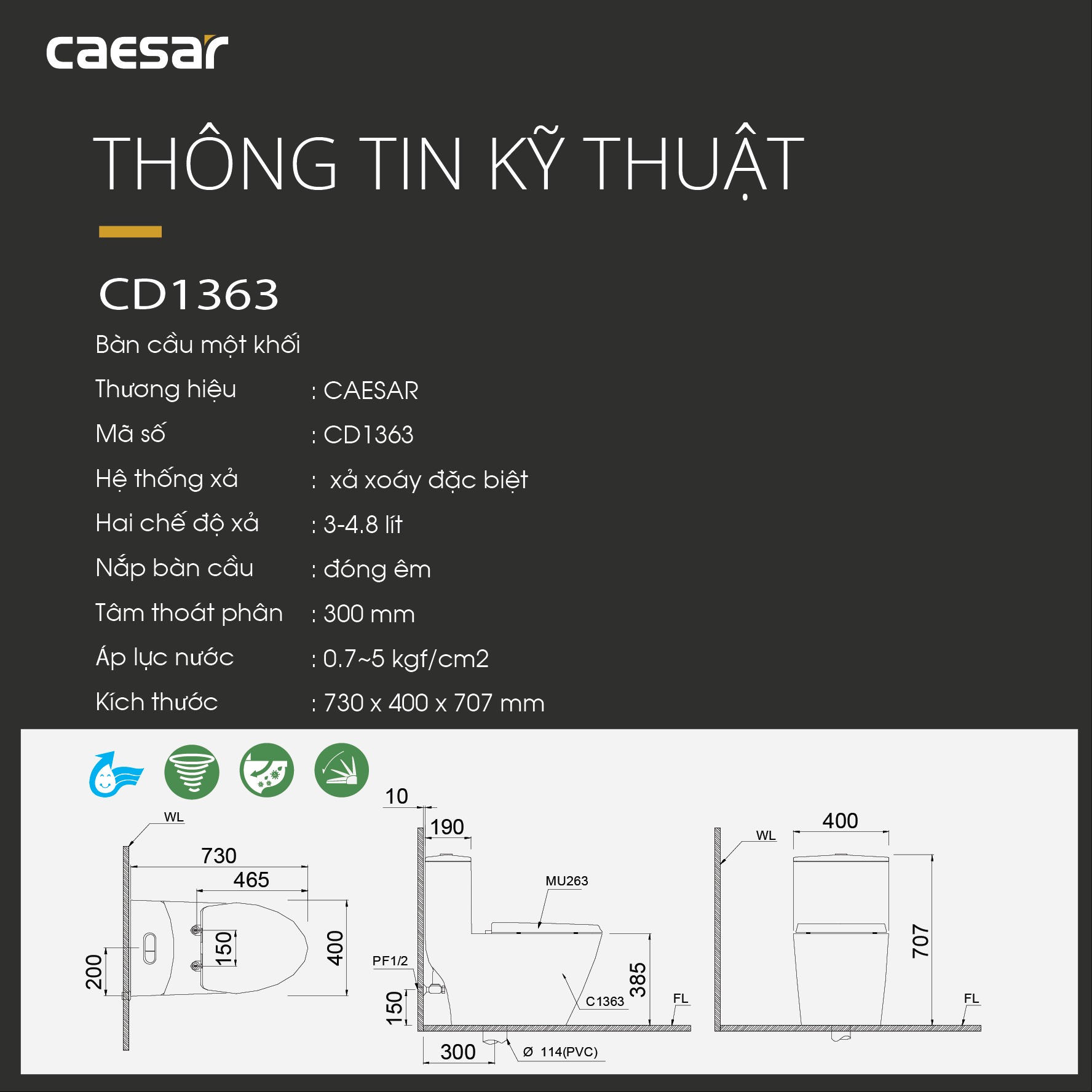 Bồn cầu 1 khối Caesar C1363 (CD1363) nắp đóng êm - 11