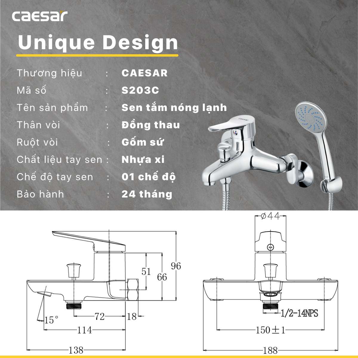 Bộ vòi sen tắm nóng lạnh Caesar S203C - 17