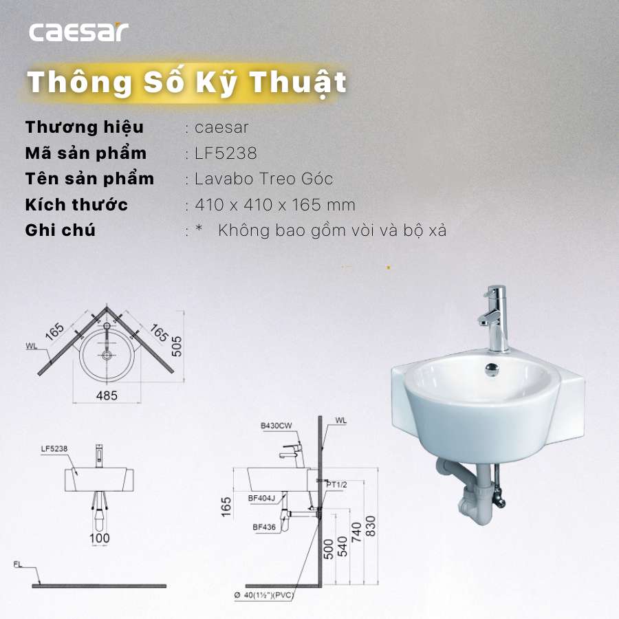 Chậu rửa lavabo treo tường đặt góc Caesar LF5238 - 10