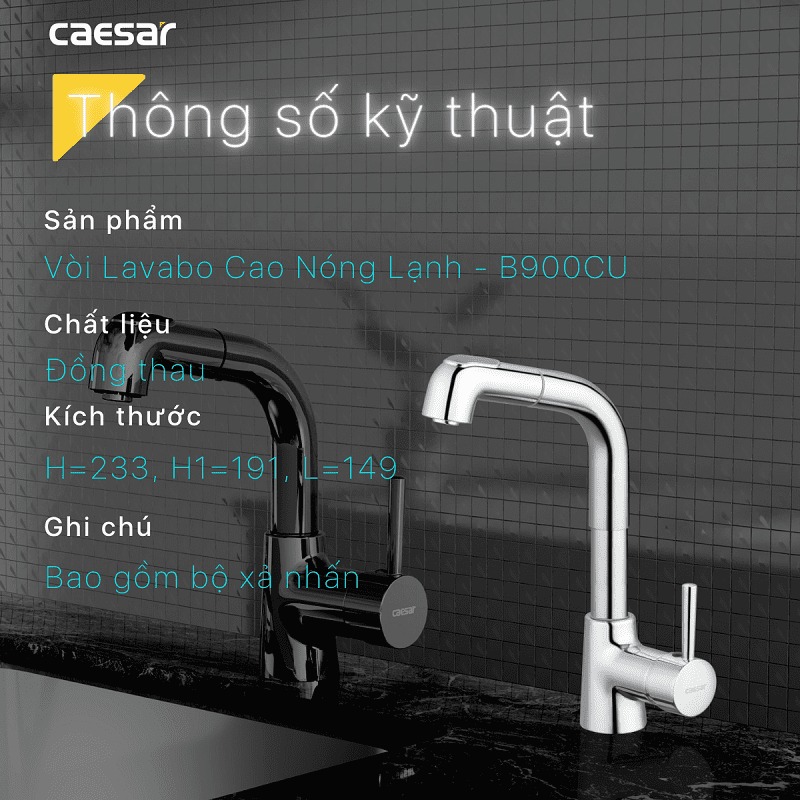 Vòi chậu lavabo dây rút nóng lạnh Caesar B900CU - 10