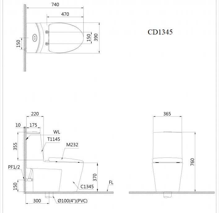 Bồn cầu 2 khối nắp rửa cơ Caesar CD1345+TAF060 - 23