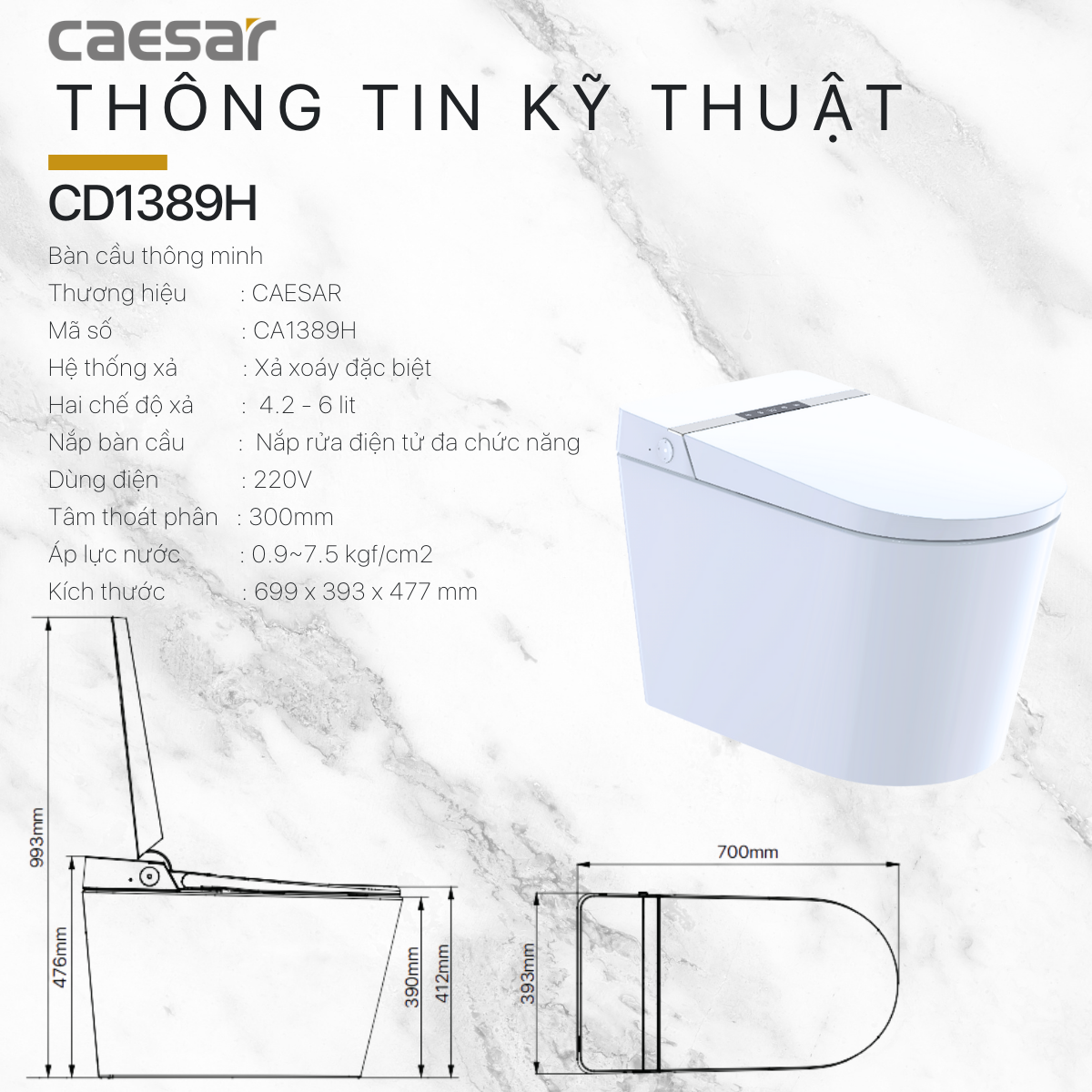 Bồn cầu điện tử thông minh Caesar CA1389H - 17