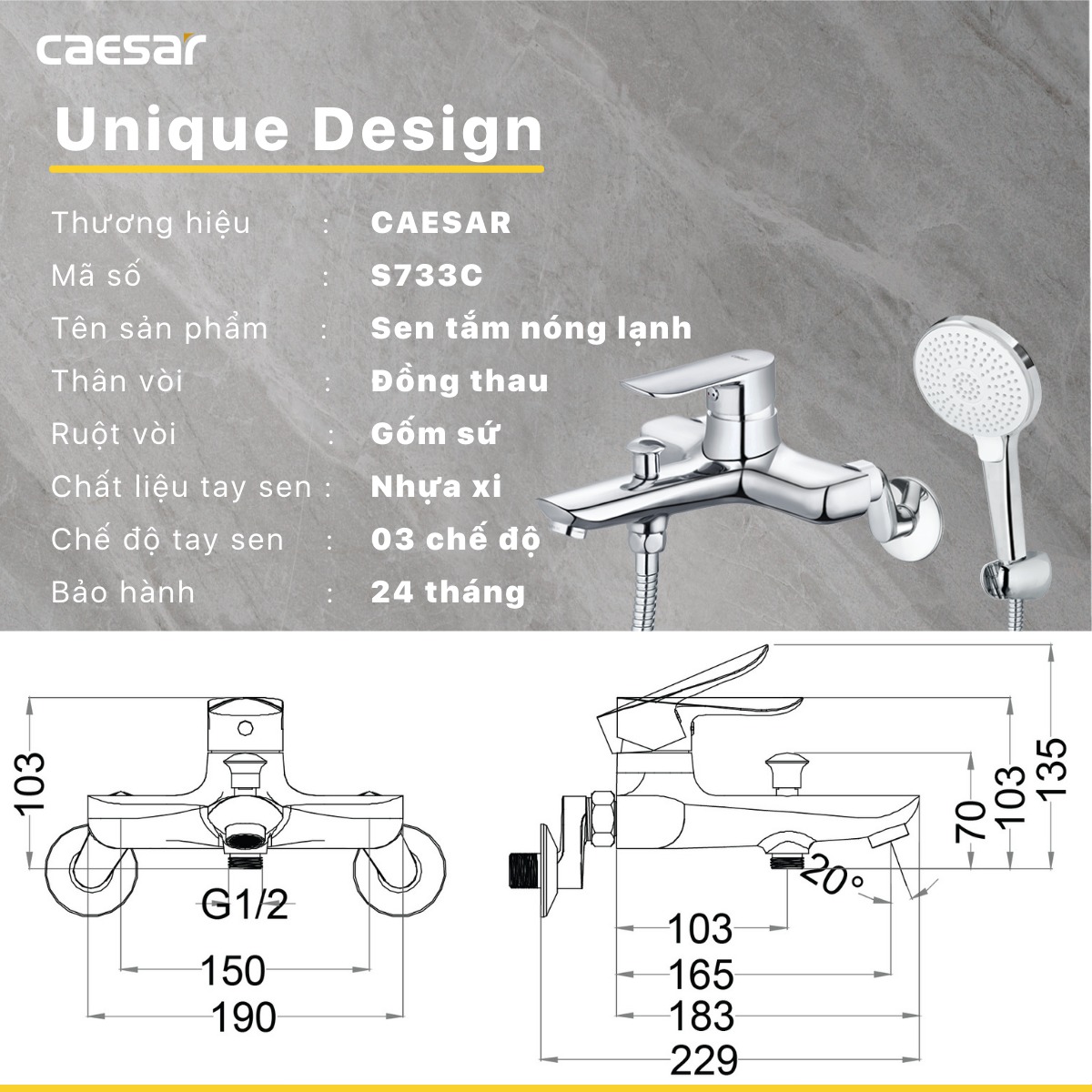 Bộ vòi sen tắm nóng lạnh Caesar S733C - 27