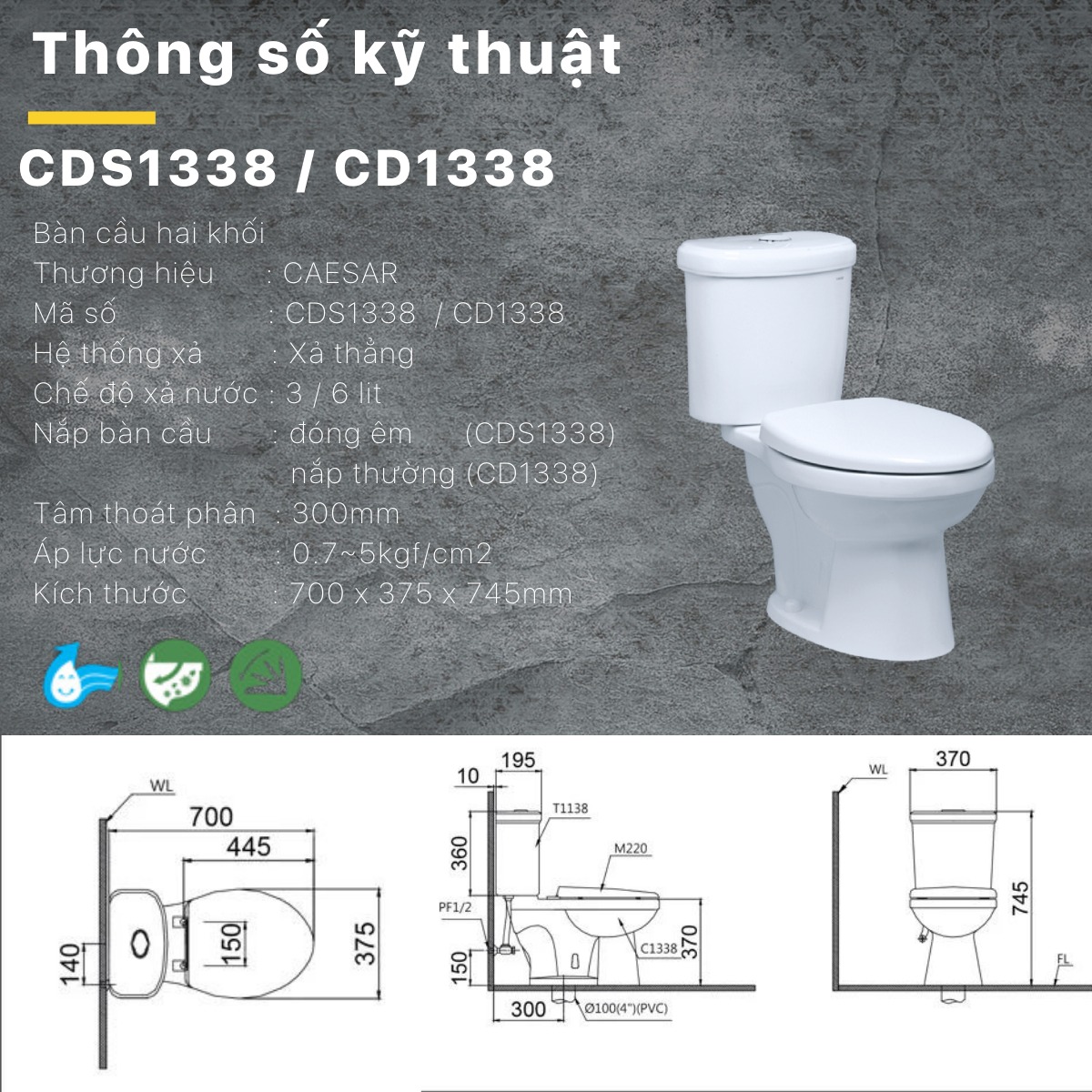 Bồn cầu 2 khối Caesar CD1338 nắp thường - 7